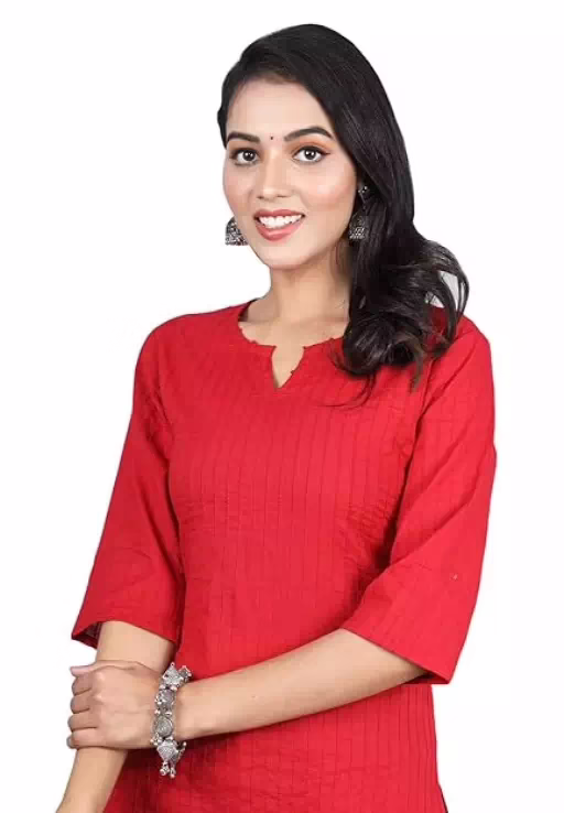 Red Women Cotton V-Neck Short Kurtis - Image 3