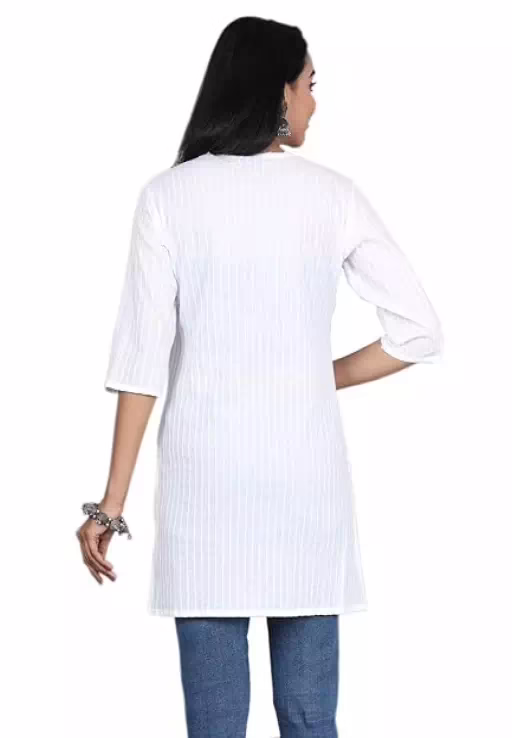 White Women Cotton V-Neck Short Kurtis - Image 2