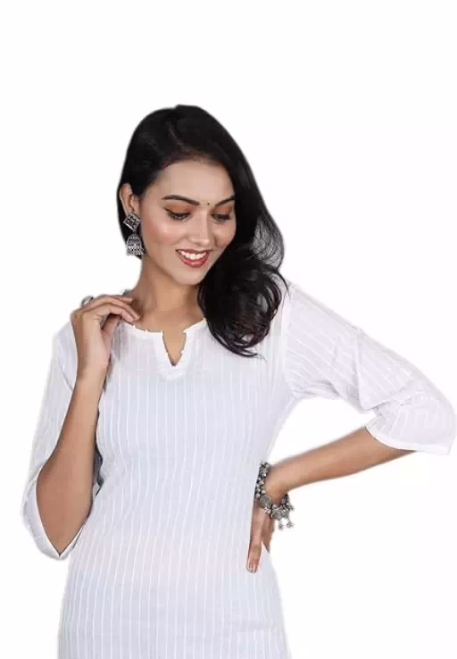 White Women Cotton V-Neck Short Kurtis - Image 3