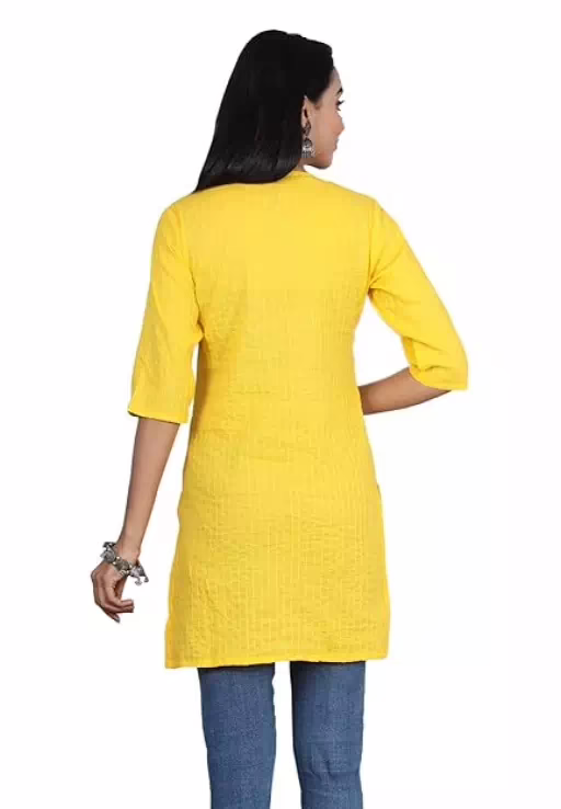 Yellow Women Cotton V-Neck Short Kurtis - Image 2