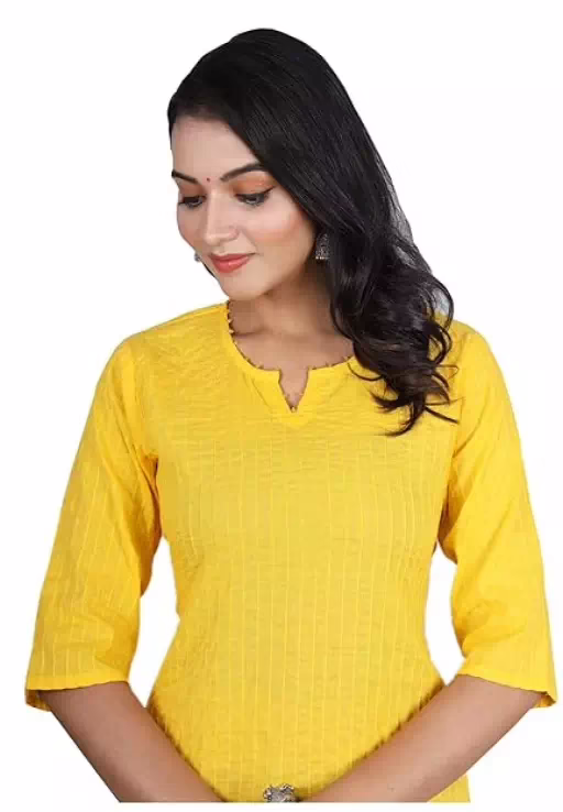 Yellow Women Cotton V-Neck Short Kurtis - Image 3