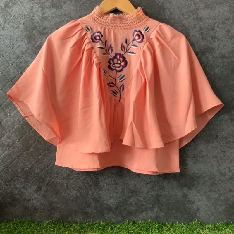 Coral Neck Elastic Lace Fully Frill Embroidery Short Top