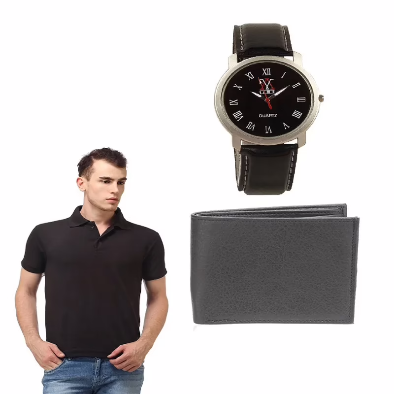 Season Black Polo T Shirt With Free Watch & Wallet
