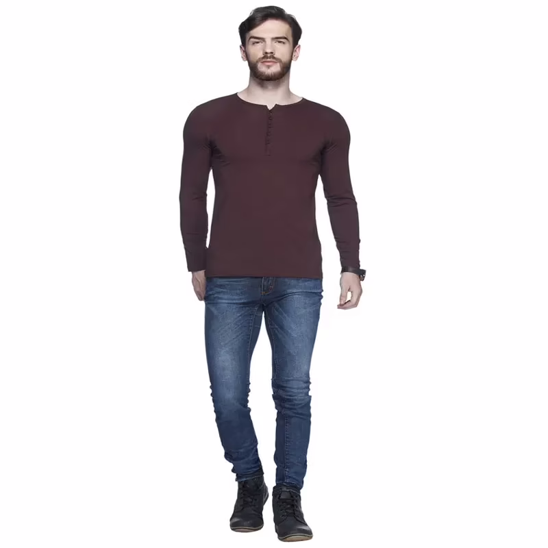 Season Tinted Coffee Brown Solid Henley T Shirt - Image 7
