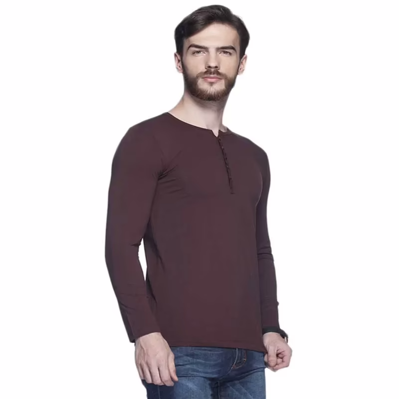 Season Tinted Coffee Brown Solid Henley T Shirt - Image 8