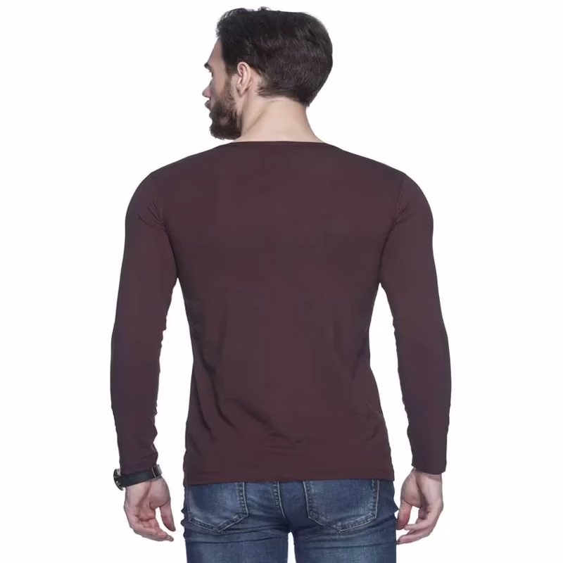Season Tinted Coffee Brown Solid Henley T Shirt - Image 6