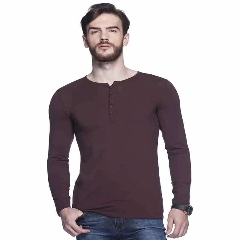 Season Tinted Coffee Brown Solid Henley T Shirt - Image 2