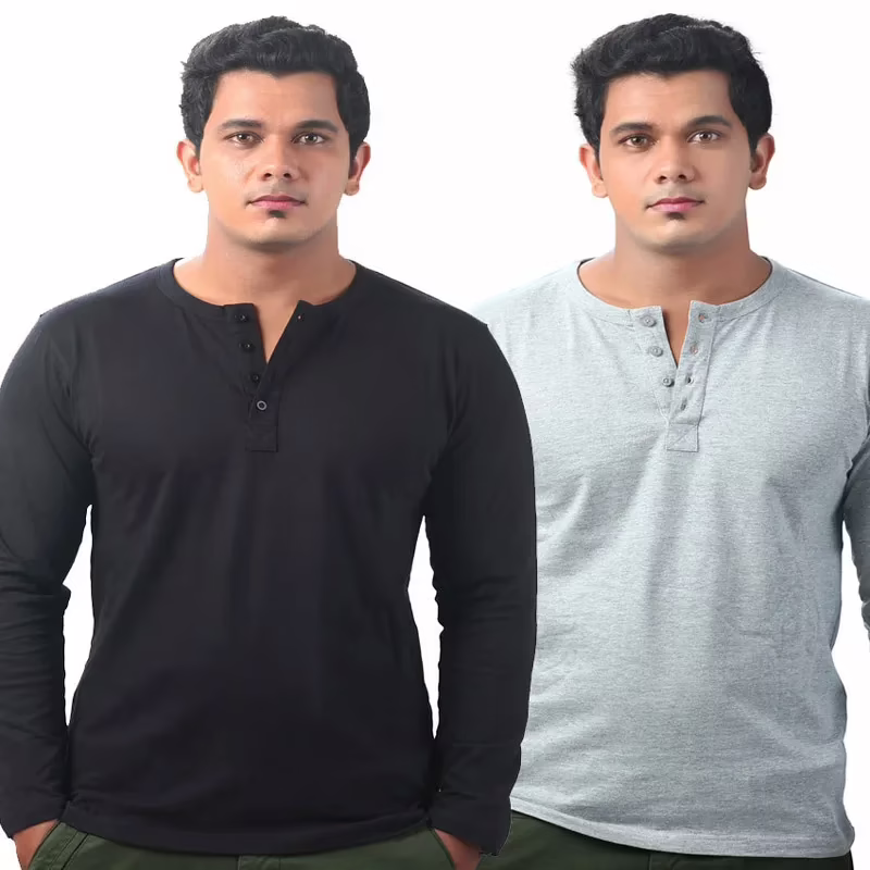 Season Krook Black-grey Cotton Full Sleeves Henley T-shirt (pack Of 2) - Image 3