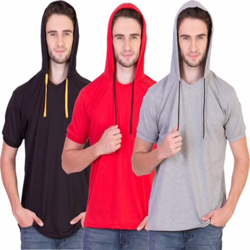 Seasons Solid Men's Hooded Grey, Red, Black T-Shirt