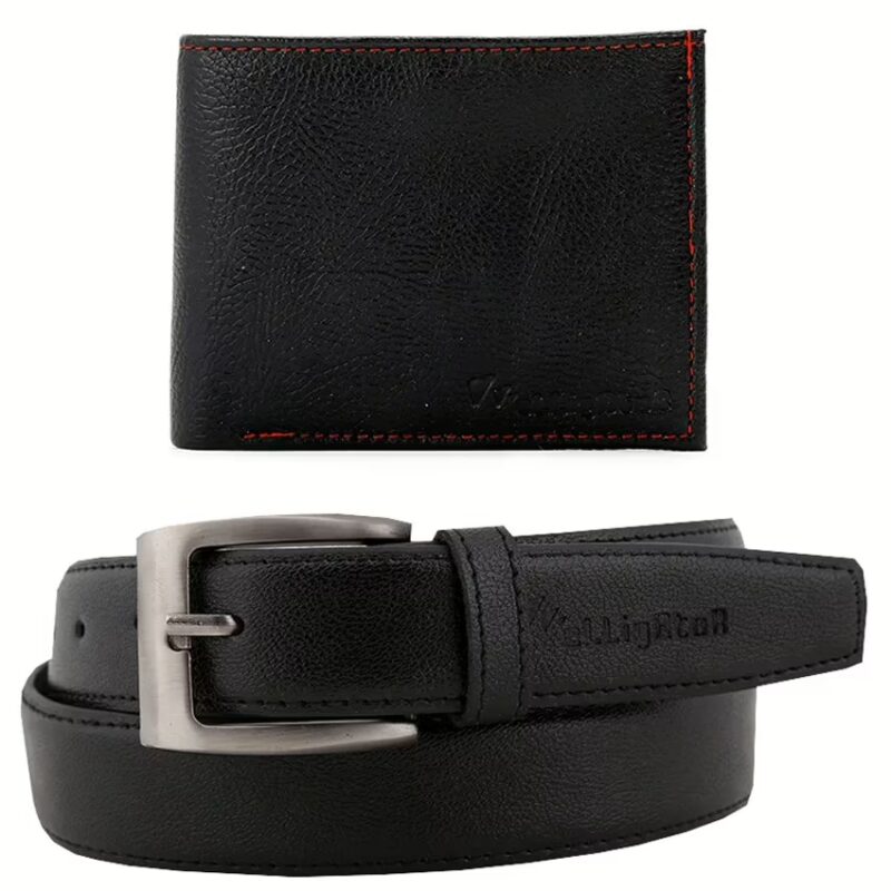 Black Men Leather Belt with Wallet