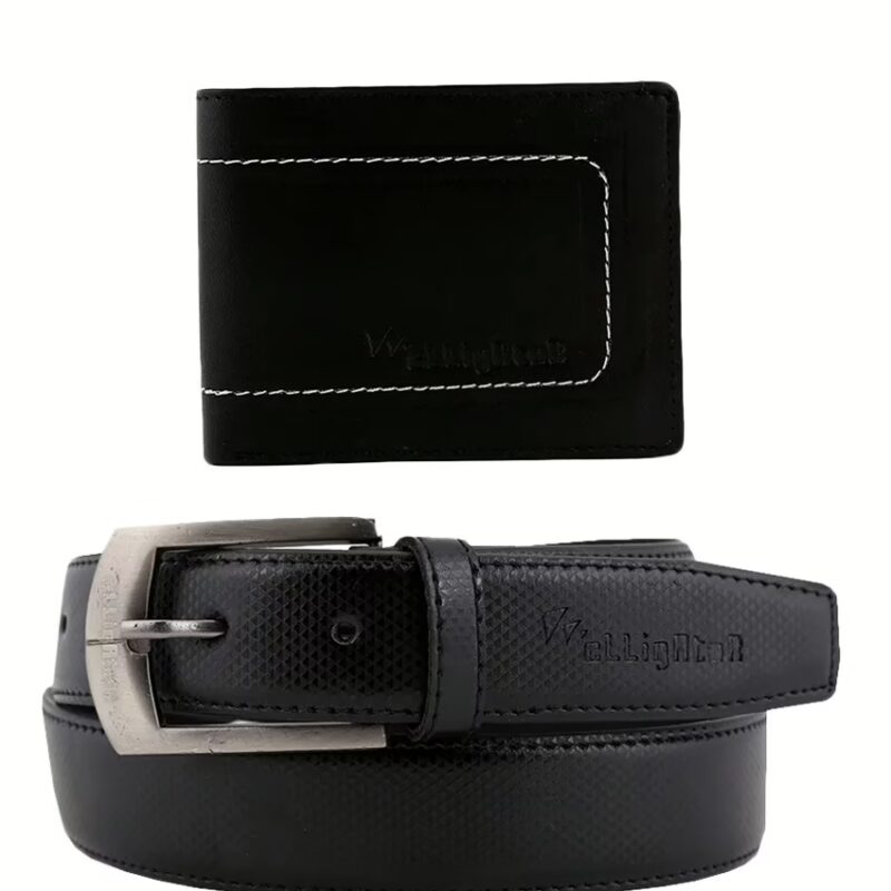 Black Men Leather Belt with Wallet