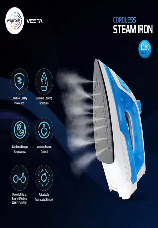 Wipro Vesta 1380W Cordless Steam Iron with Steam Burst 1380 W Steam Iron(White, Light Blue) - Image 3