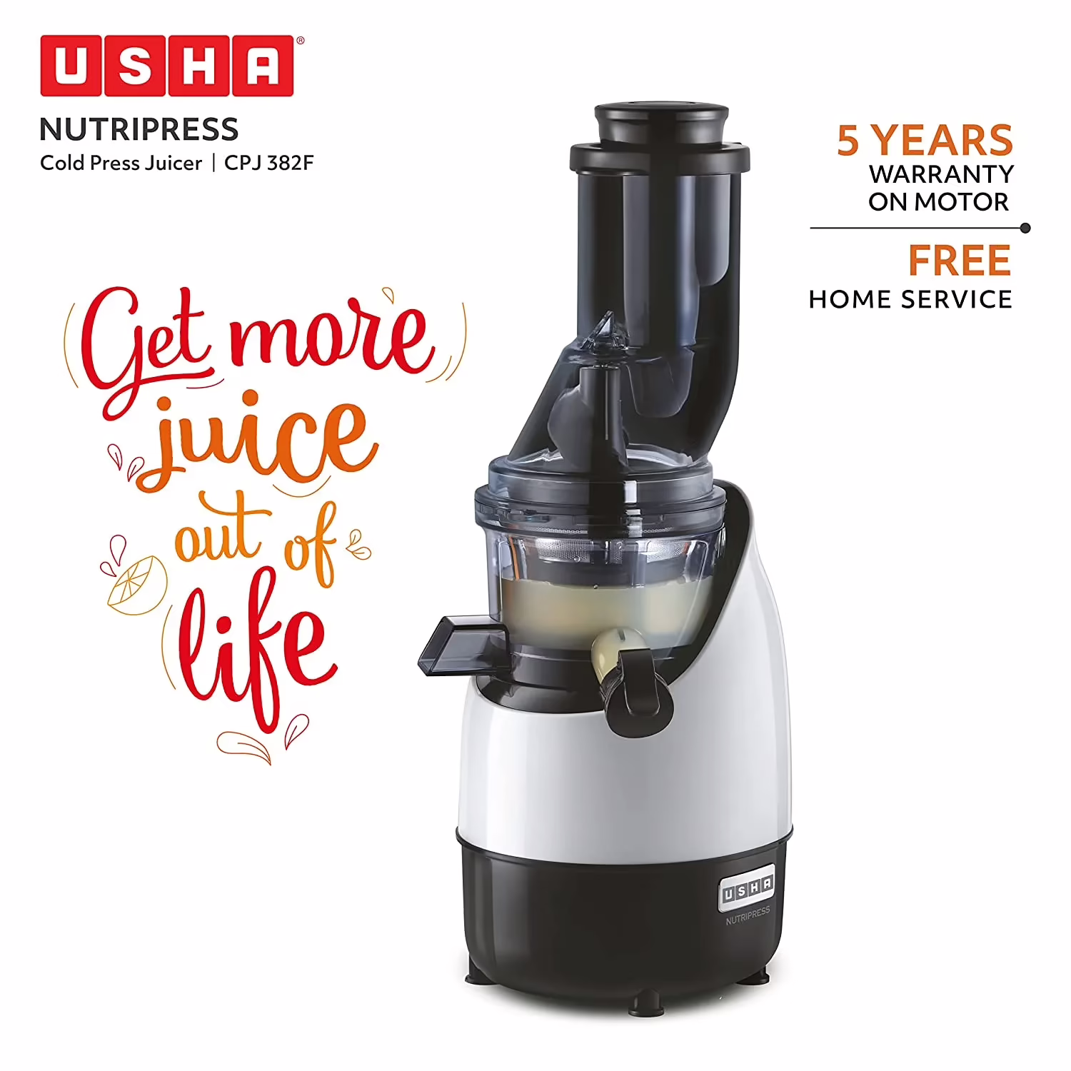 Usha CPJ 382F Full Mouth Cold Press 200 W Juicer (2 Jars, White, Black)