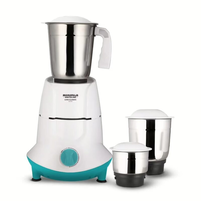 Maharaja Whiteline Livo Classic MX-250 500 W Mixer Grinder (3 Jars, White & Turquoise Blue)