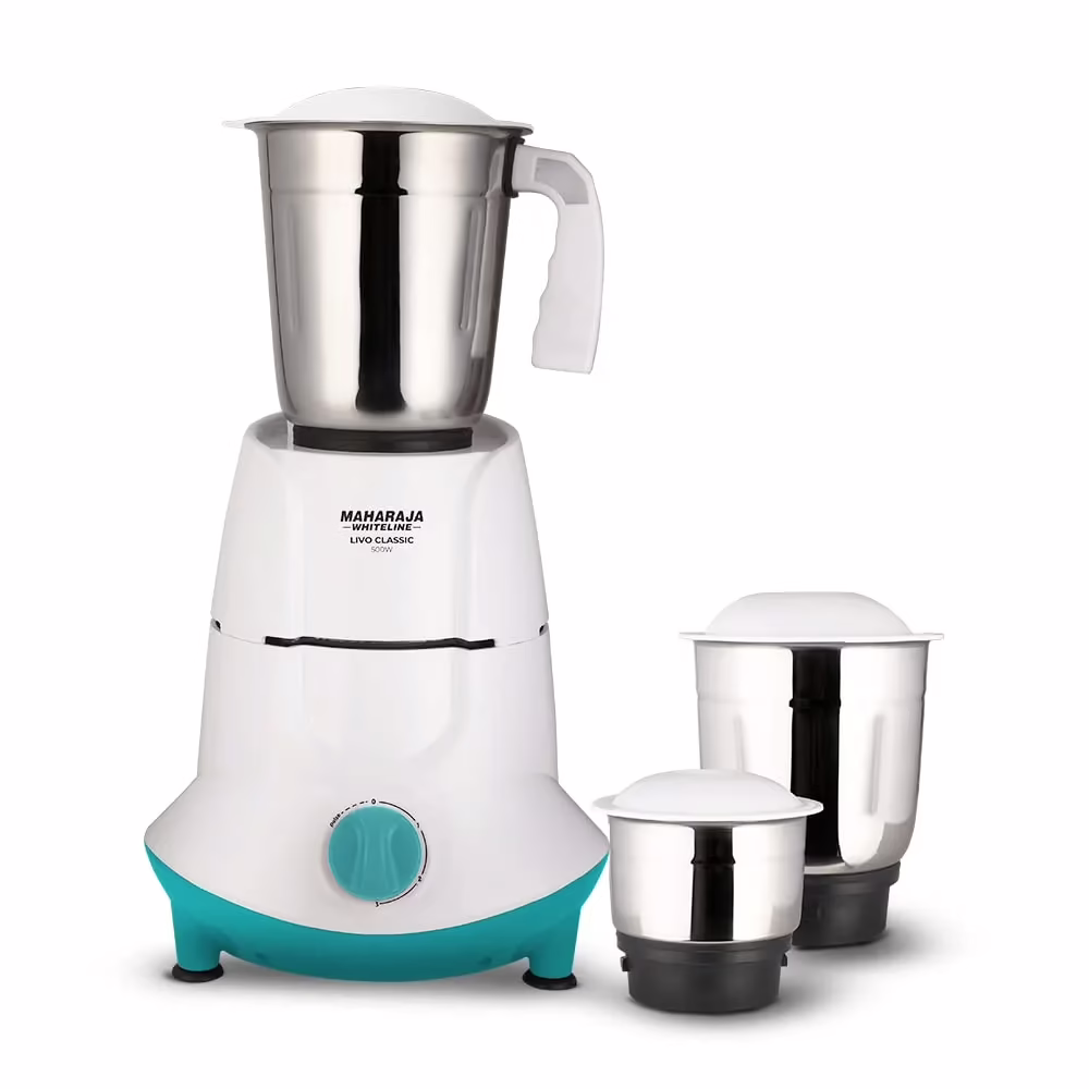 Maharaja Whiteline Livo Classic MX-250 500 W Mixer Grinder (3 Jars, White & Turquoise Blue)
