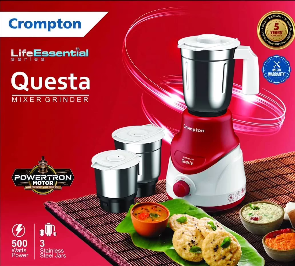 Crompton QUESTA MIXER GRINDER LIFE ESSENTIAL 500 Mixer Grinder (3 Jars, RED & WHITE)