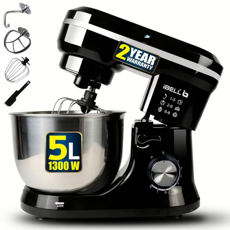 ibell 4500MPLUS Electric Food Mixer, 100% Copper Motor, 8 Speed, 5L SS Bowl, 1300 W Stand Mixer??(Black)