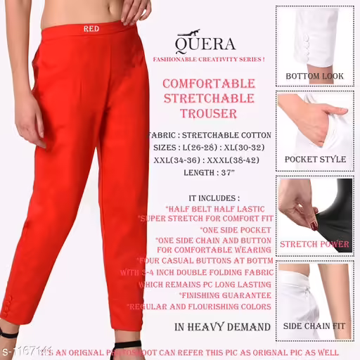 Alexandra Red Stretchable Cotton Women Trousers & Pants