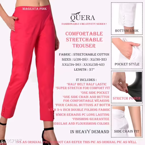 Alexandra Magenta Pink Stretchable Cotton Women Trousers & Pants