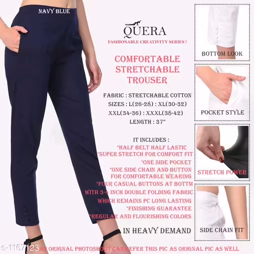 Alexandra Navy Blue Stretchable Cotton Women Trousers & Pants