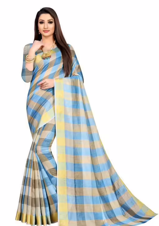 Alisha Blue Check Petite Cotton Printed Sarees
