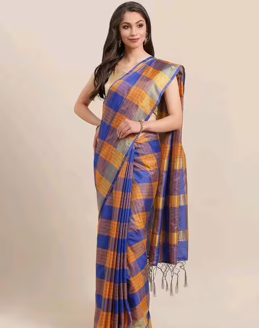 Aagyeyi Multi Check Printed Cotton Silk Sarees
