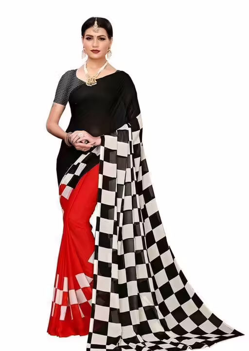 Aishani Fashionable Black Red Check Sarees