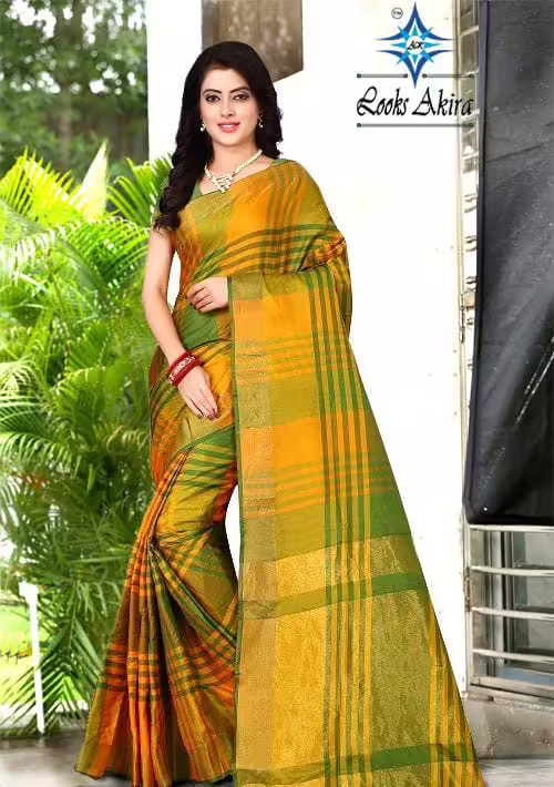 Aakarsha Green Check Cotton Silk Sarees