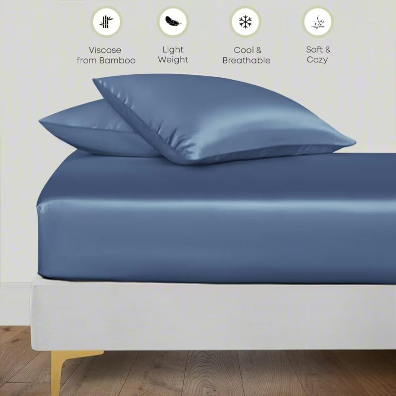 Seasons Blue Silk Bedsheet Deep Pocket with Pillowcase Double