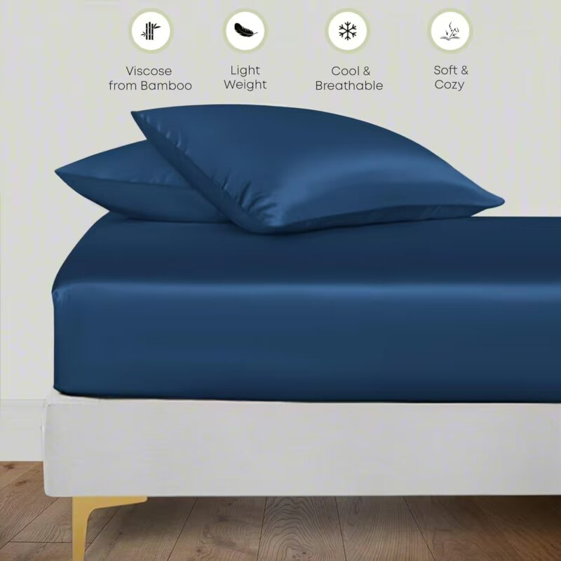Seasons Navy Blue Silk Bedsheet Deep Pocket with Pillowcase