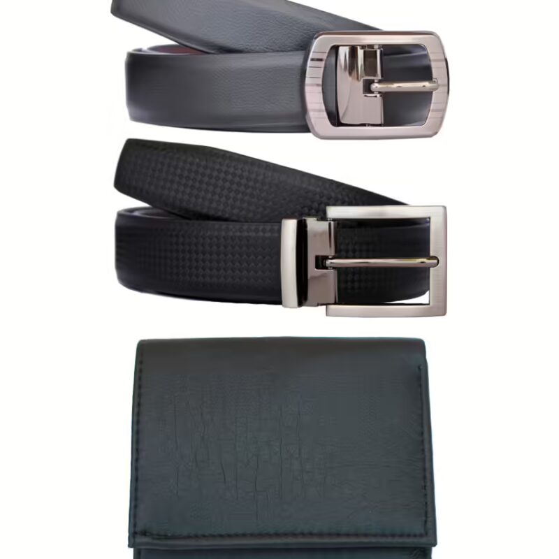 Fashion Black Pin Buckle Leather Belt And Wallet - Combo Of 3