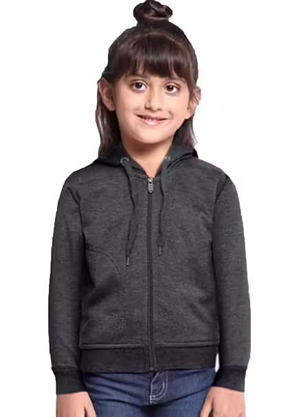 Girl's Cotton Dark Grey Hooded Sweatshirt