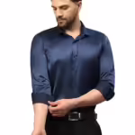 Men Satin Silk Formal Navy Blue Shirt