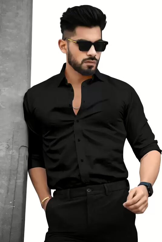 Men Black Regular Fit Solid Spread Collar Formal Shirt