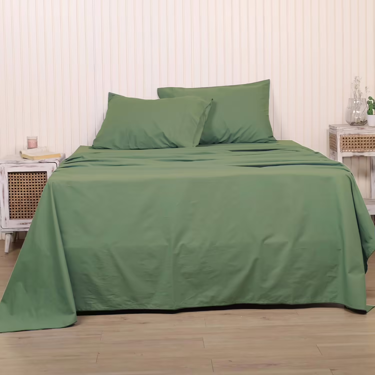 Seasons Cotton Linen Bedsheet for Single Bed with Pillow Cover, Avocado Green