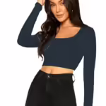 Women Solid Slim Fit Dark Blue Crop Top