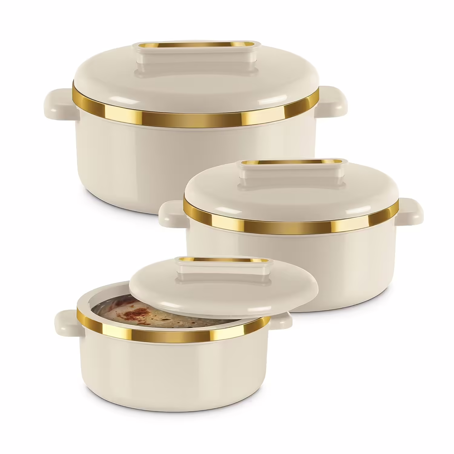 Milton Curve Inner Stainless Steel Casserole Jr Pack of 3 Serve Casserole Ivory?(450 ml, 840 ml, 1300 ml)