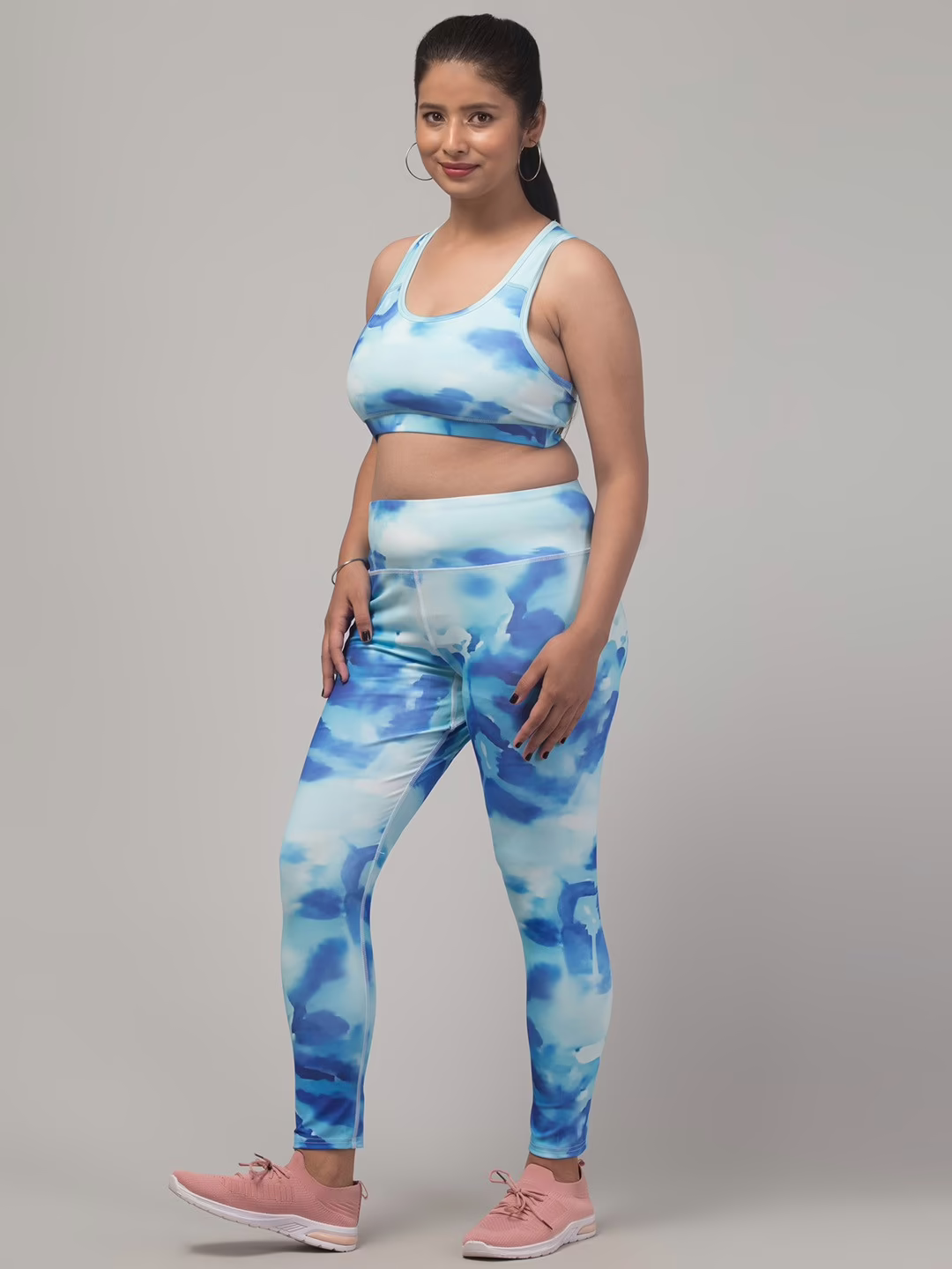 Sky Blue Printed Women Gym Tights and Bra Set - Image 4