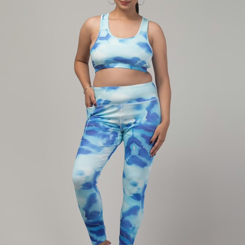Sky Blue Printed Women Gym Tights and Bra Set