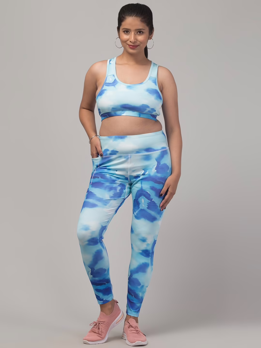 Sky Blue Printed Women Gym Tights and Bra Set
