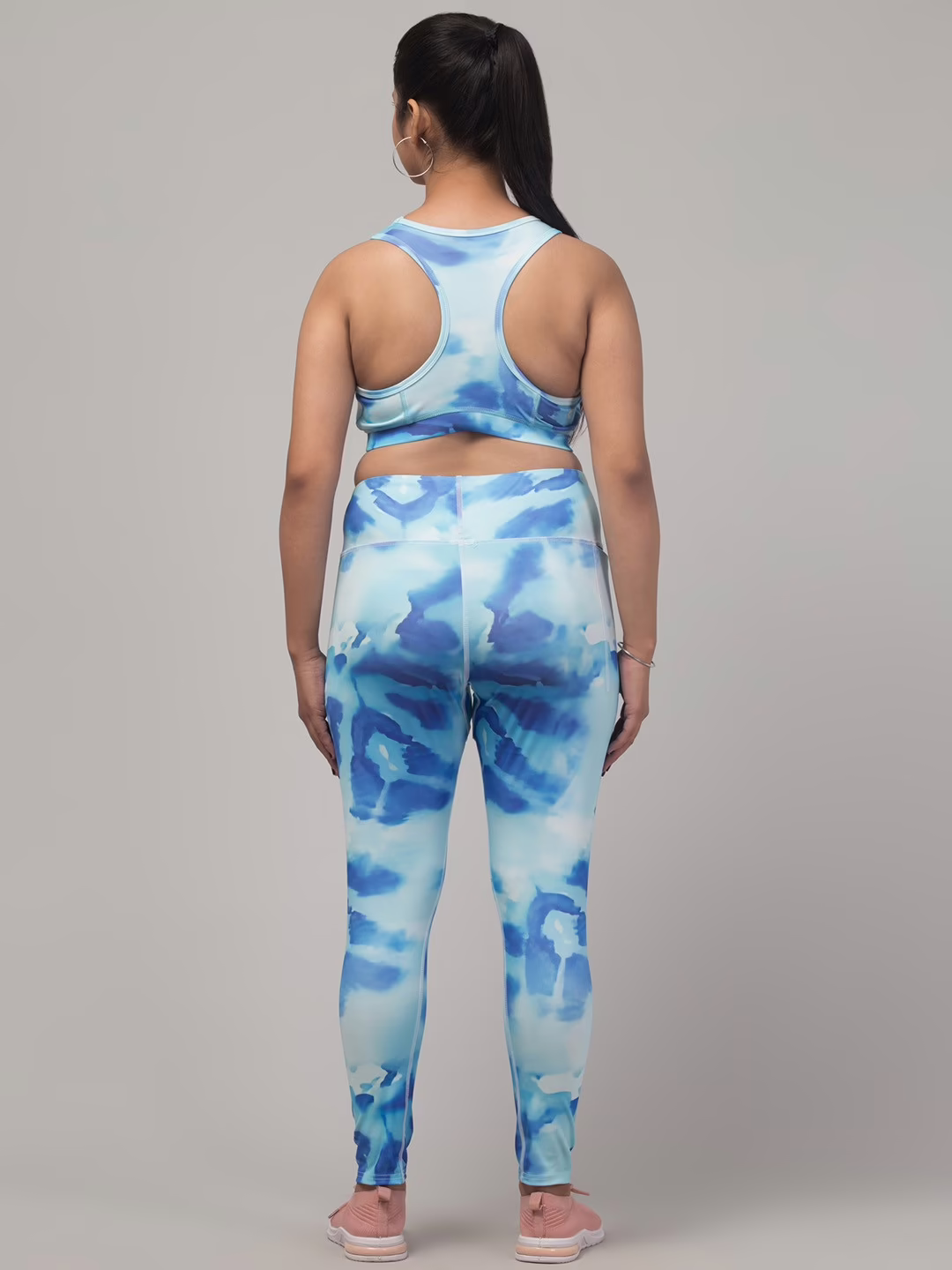 Sky Blue Printed Women Gym Tights and Bra Set - Image 2