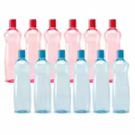 Milton Pacific 1000 Pet Water Bottles, 1 Litre Each, Set of 12, Sky Blue and Red 1000 ml Bottle??(Pack of 12, Blue, Red, PET)