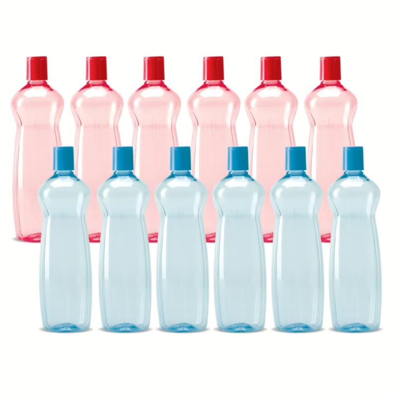 Milton Pacific 1000 Pet Water Bottles, 1 Litre Each, Set of 12, Sky Blue and Red 1000 ml Bottle??(Pack of 12, Blue, Red, PET)